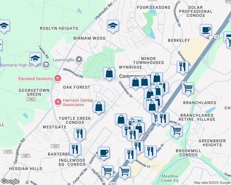 map of restaurants, bars, coffee shops, grocery stores, and more near 326 Commonwealth Court in Charlottesville