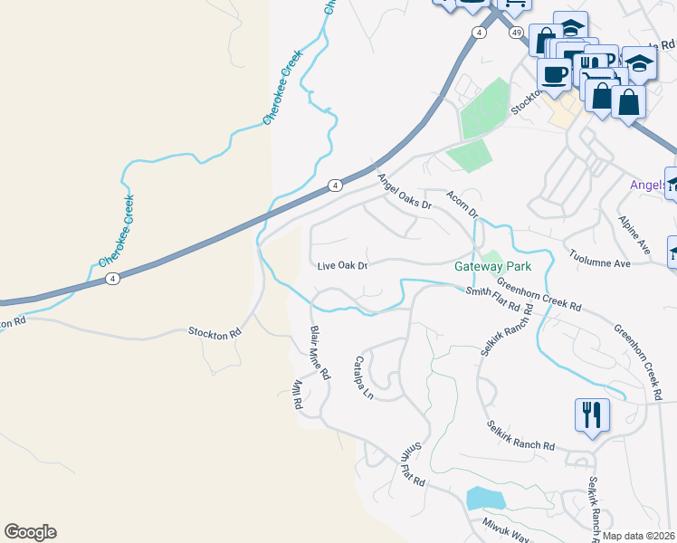 map of restaurants, bars, coffee shops, grocery stores, and more near 567 Live Oak Drive in Angels Camp