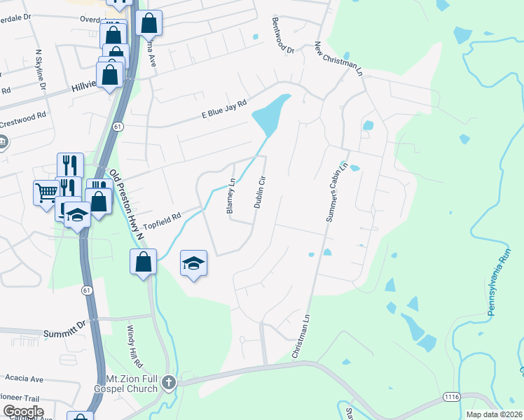 map of restaurants, bars, coffee shops, grocery stores, and more near 507 Dublin Circle in Shepherdsville
