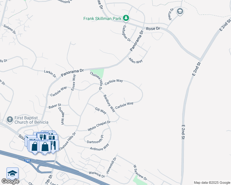 map of restaurants, bars, coffee shops, grocery stores, and more near 164 Banbury Court in Benicia