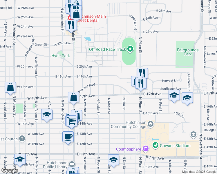 map of restaurants, bars, coffee shops, grocery stores, and more near 305 Crescent Boulevard in Hutchinson