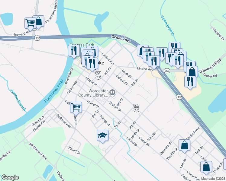 map of restaurants, bars, coffee shops, grocery stores, and more near 408 Market Street in Pocomoke City