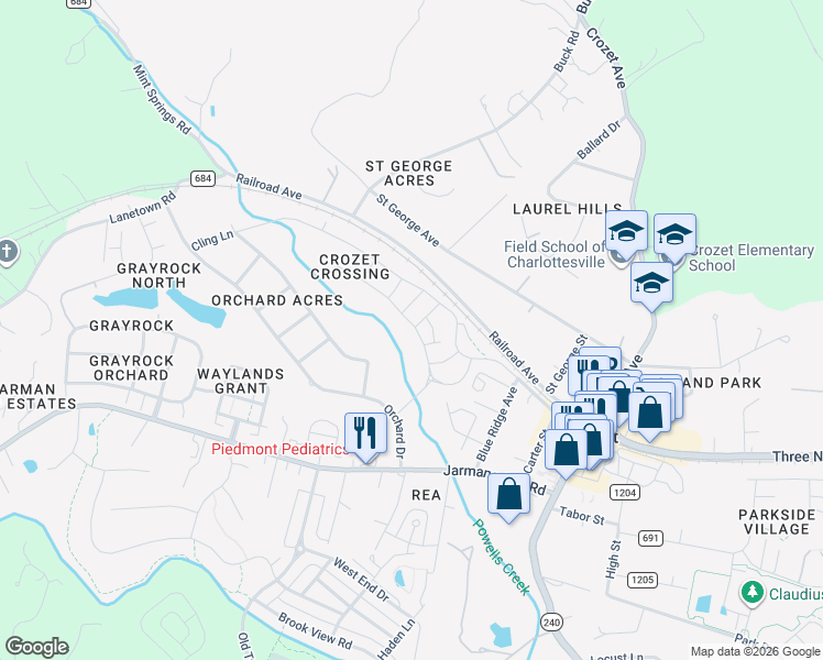 map of restaurants, bars, coffee shops, grocery stores, and more near 1330 Pleasant Green Street in Crozet