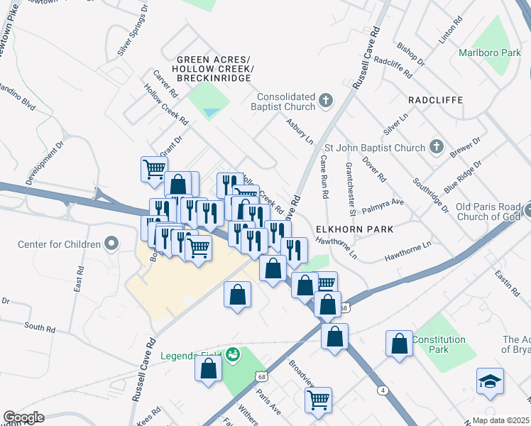 map of restaurants, bars, coffee shops, grocery stores, and more near 400 Hollow Creek Road in Lexington