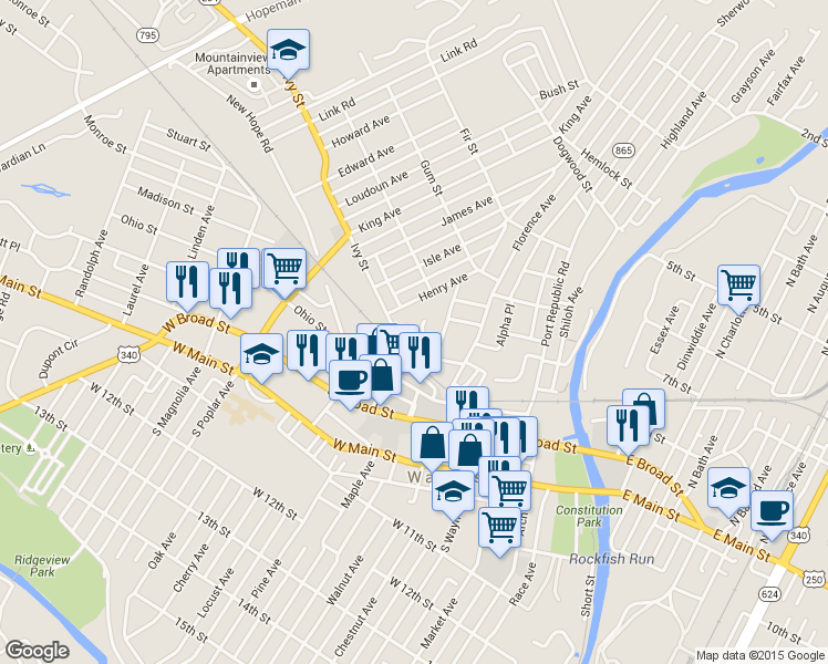 map of restaurants, bars, coffee shops, grocery stores, and more near 709 Ivy Street in Waynesboro