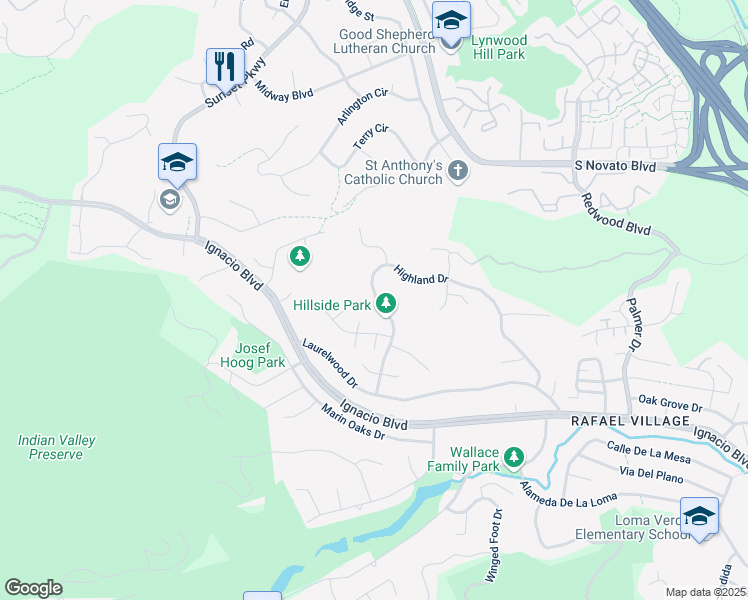 map of restaurants, bars, coffee shops, grocery stores, and more near 1247 Highland Dr in Novato