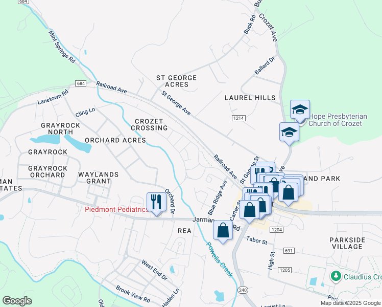map of restaurants, bars, coffee shops, grocery stores, and more near in Crozet