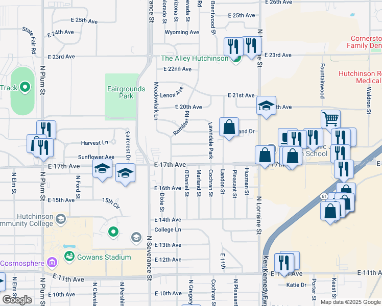 map of restaurants, bars, coffee shops, grocery stores, and more near 14 17th Crestview in Hutchinson