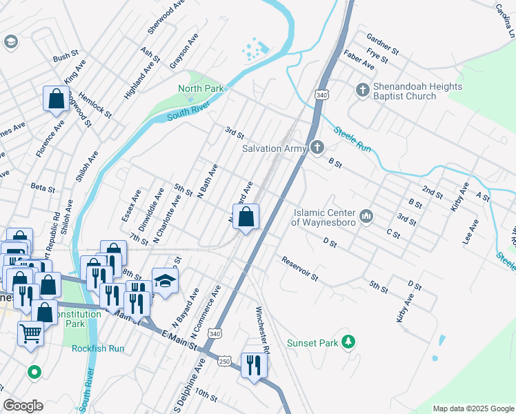 map of restaurants, bars, coffee shops, grocery stores, and more near 530 North Bayard Avenue in Waynesboro