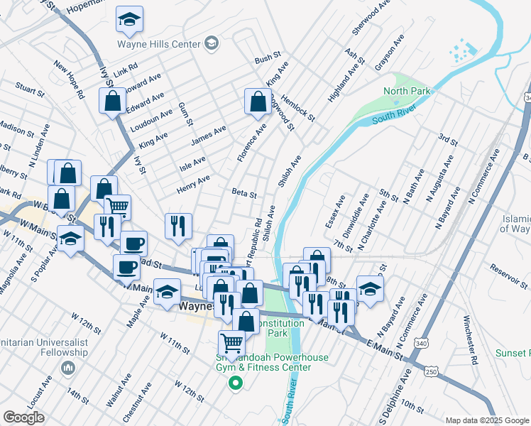 map of restaurants, bars, coffee shops, grocery stores, and more near 259 State Route 865 in Waynesboro