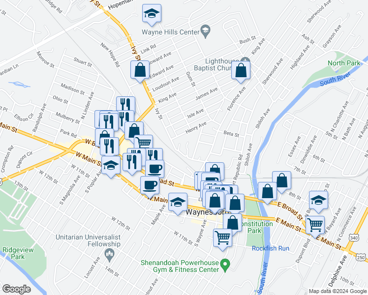 map of restaurants, bars, coffee shops, grocery stores, and more near 713 Ivy Street in Waynesboro