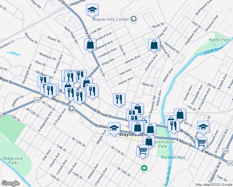 map of restaurants, bars, coffee shops, grocery stores, and more near 713 Ivy Street in Waynesboro
