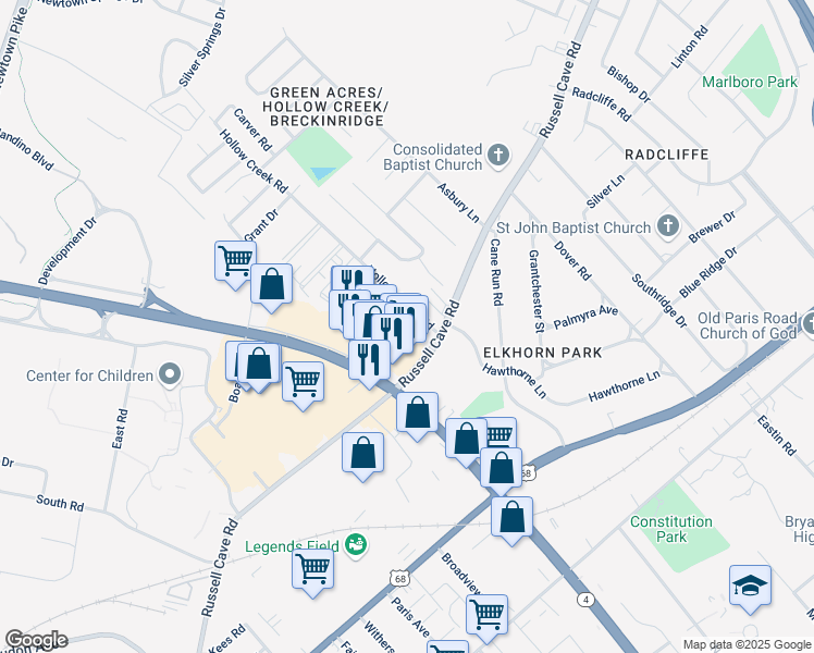 map of restaurants, bars, coffee shops, grocery stores, and more near 400 Hollow Creek Road in Lexington