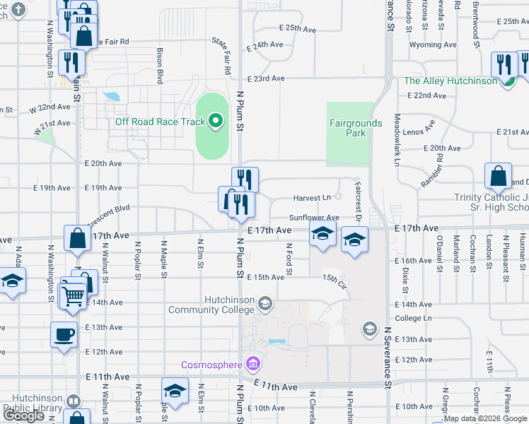 map of restaurants, bars, coffee shops, grocery stores, and more near 112 Norman Road in Hutchinson