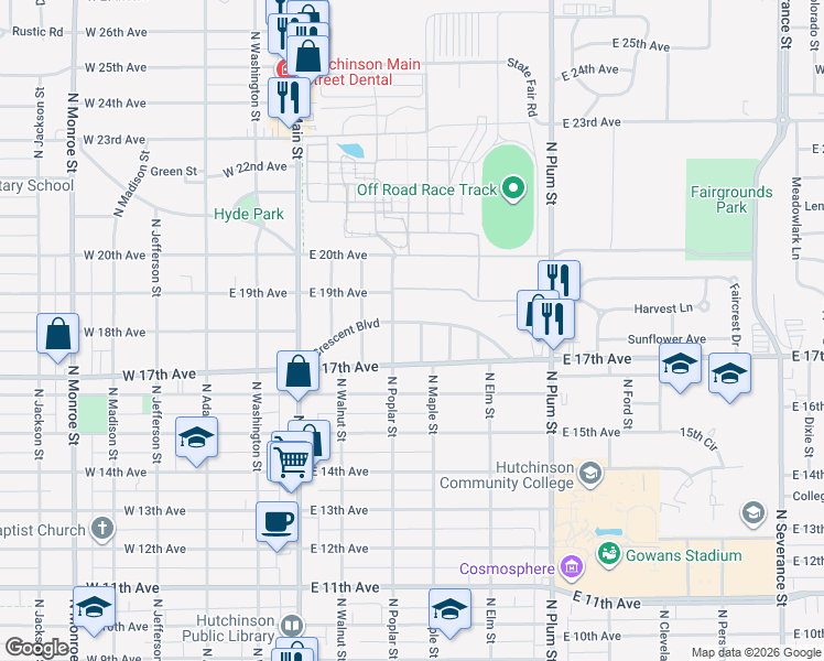 map of restaurants, bars, coffee shops, grocery stores, and more near 305 Crescent Boulevard in Hutchinson
