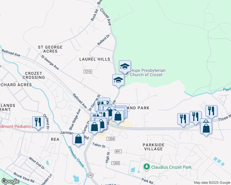 map of restaurants, bars, coffee shops, grocery stores, and more near 1356 Crozet Avenue in Crozet