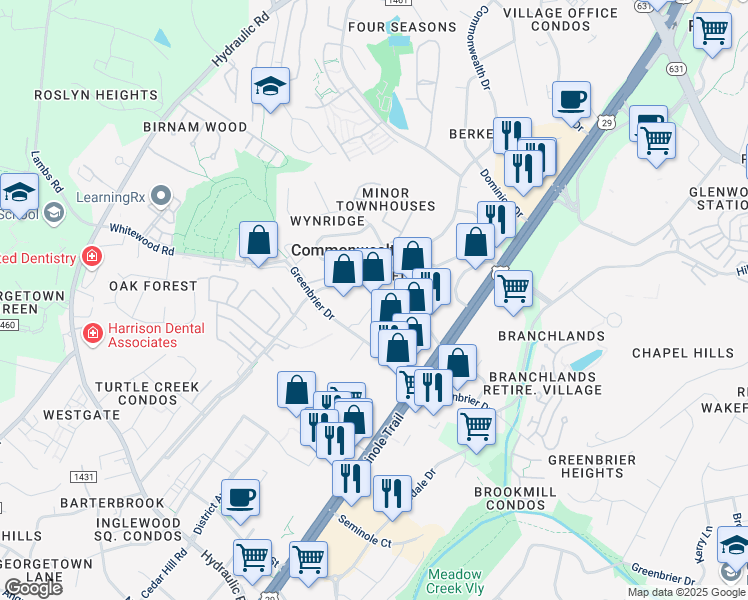 map of restaurants, bars, coffee shops, grocery stores, and more near 3520 Remson Court in Charlottesville