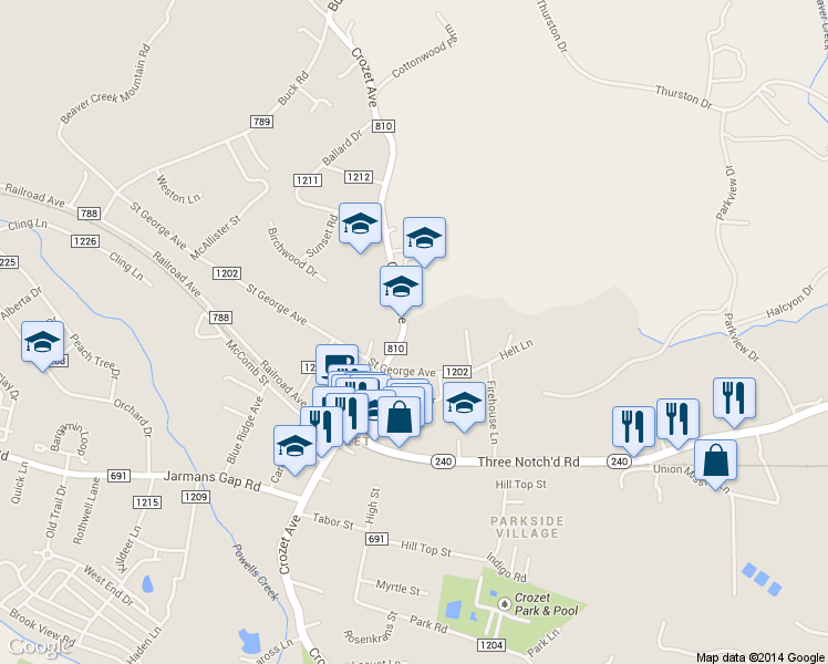 map of restaurants, bars, coffee shops, grocery stores, and more near 1355 Crozet Avenue in Crozet