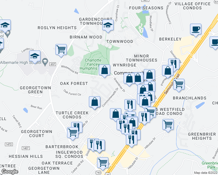 map of restaurants, bars, coffee shops, grocery stores, and more near 332 Commonwealth Court in Charlottesville