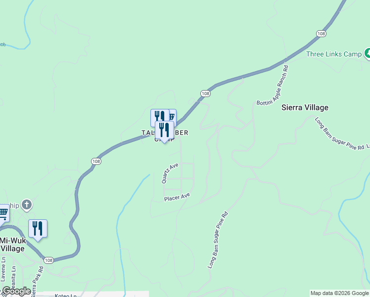 map of restaurants, bars, coffee shops, grocery stores, and more near 24875 Bonanza Dr in Mi-Wuk Village
