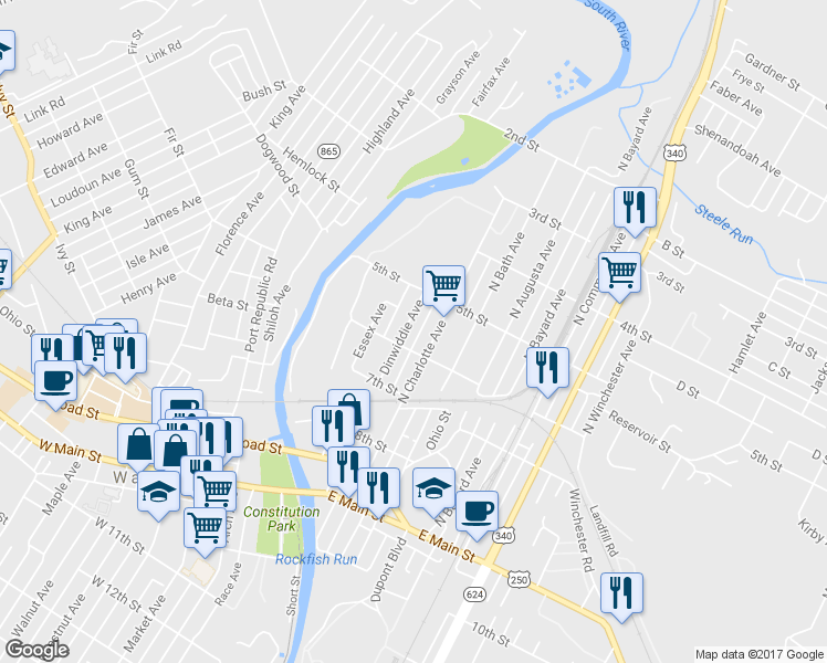 map of restaurants, bars, coffee shops, grocery stores, and more near 412 Dinwiddie Avenue in Waynesboro