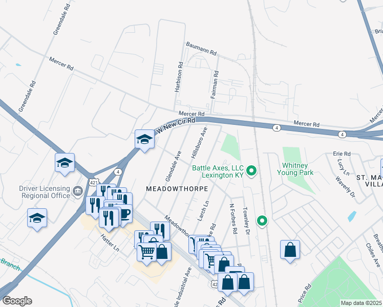 map of restaurants, bars, coffee shops, grocery stores, and more near 317 Hillsboro Avenue in Lexington