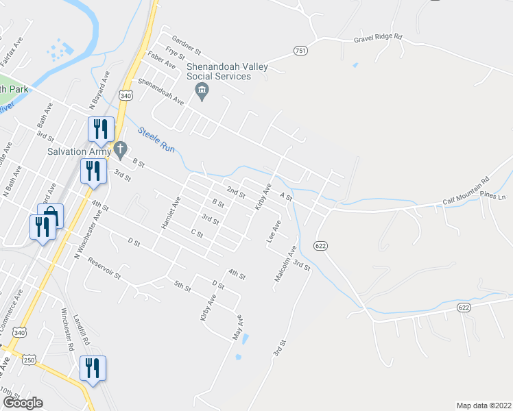 map of restaurants, bars, coffee shops, grocery stores, and more near 1556 2nd Street in Waynesboro