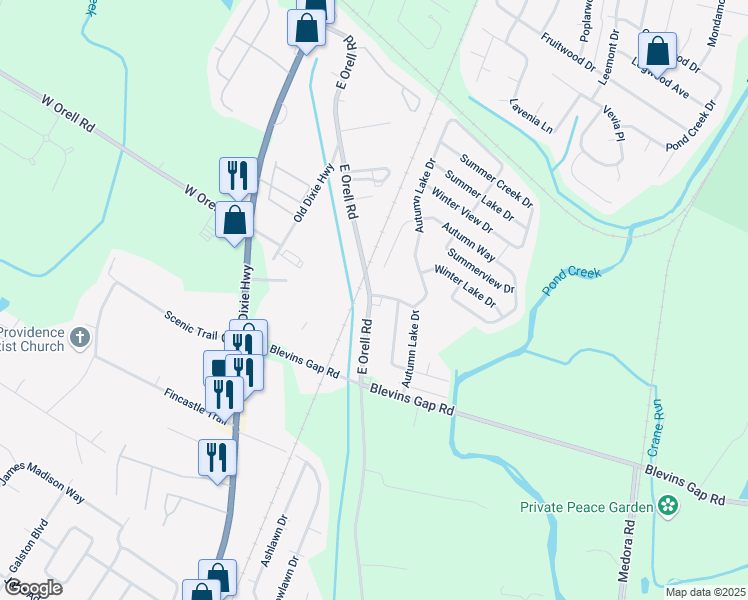 map of restaurants, bars, coffee shops, grocery stores, and more near 3108 Autumn Lake Drive in Louisville