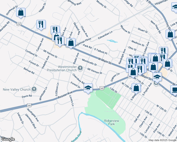 map of restaurants, bars, coffee shops, grocery stores, and more near 1828 Mount Vernon Street in Waynesboro
