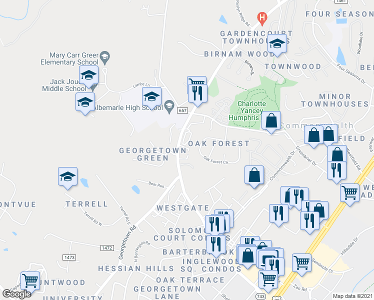 map of restaurants, bars, coffee shops, grocery stores, and more near 2756 Hydraulic Road in Charlottesville