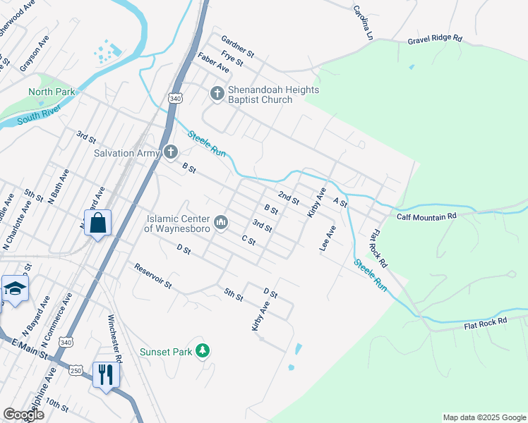map of restaurants, bars, coffee shops, grocery stores, and more near 1440 B Street in Waynesboro