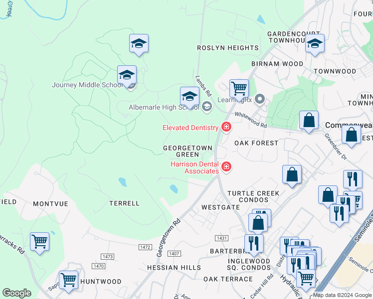 map of restaurants, bars, coffee shops, grocery stores, and more near 28 Georgetown Green in Charlottesville