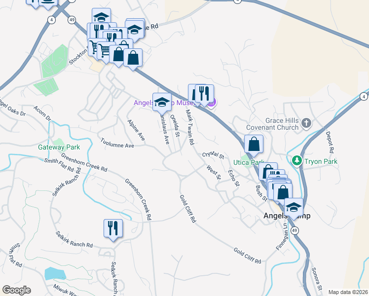 map of restaurants, bars, coffee shops, grocery stores, and more near 844 Mark Twain Road in Angels Camp