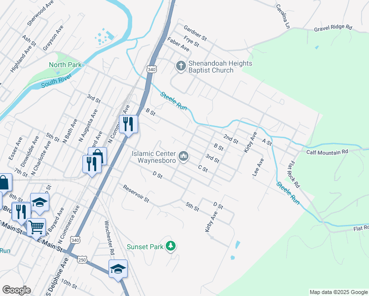map of restaurants, bars, coffee shops, grocery stores, and more near 1220 3rd Street in Waynesboro