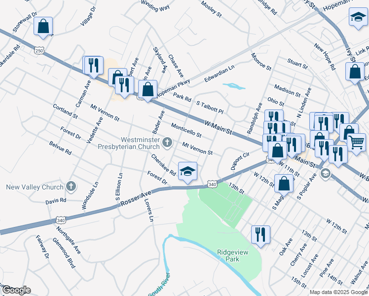 map of restaurants, bars, coffee shops, grocery stores, and more near 1828 Mount Vernon Street in Waynesboro