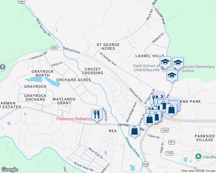 map of restaurants, bars, coffee shops, grocery stores, and more near 1330 Pleasant Green Street in Crozet