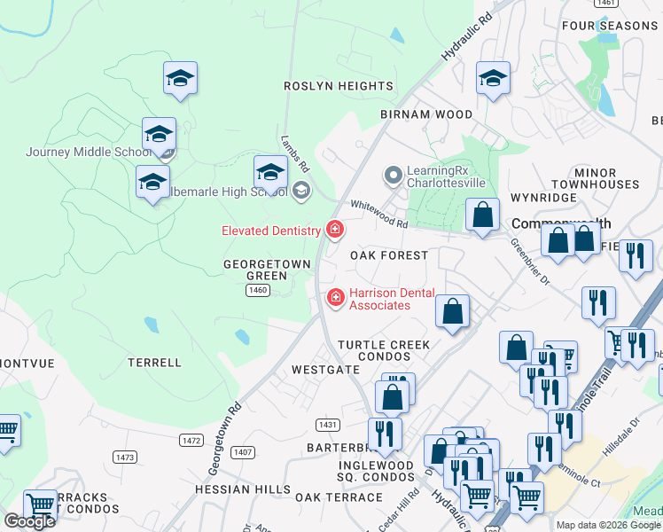 map of restaurants, bars, coffee shops, grocery stores, and more near 82 Oak Forest Circle in Charlottesville