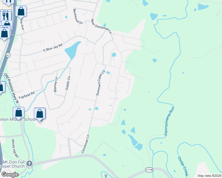 map of restaurants, bars, coffee shops, grocery stores, and more near 117 Mountain Stone Court in Shepherdsville
