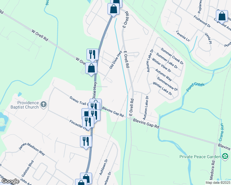 map of restaurants, bars, coffee shops, grocery stores, and more near 12517 Old Dixie Highway in Louisville