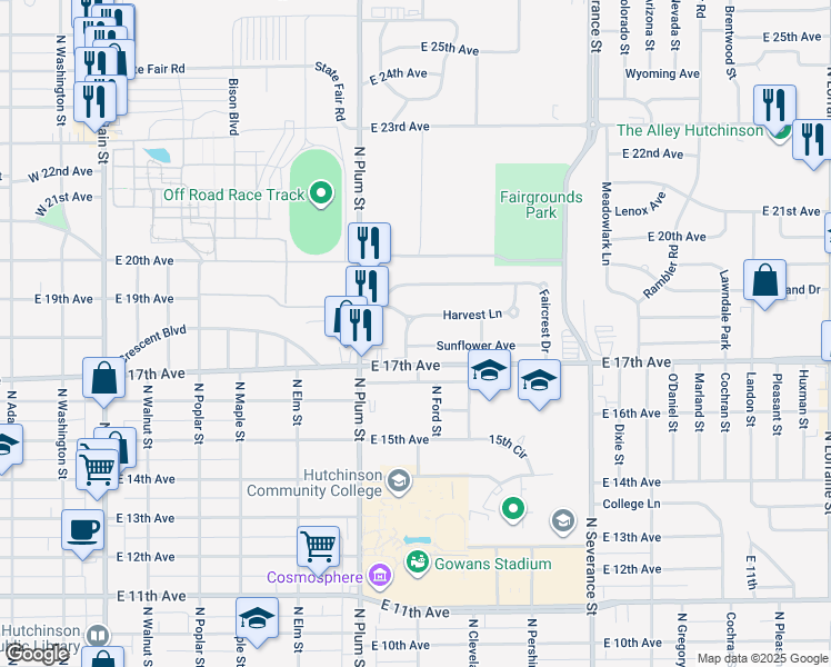 map of restaurants, bars, coffee shops, grocery stores, and more near 112 Norman Road in Hutchinson