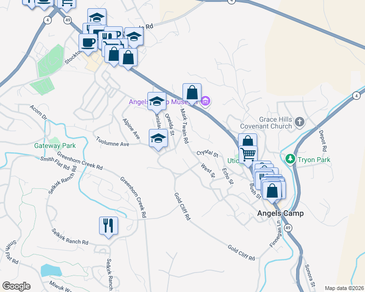 map of restaurants, bars, coffee shops, grocery stores, and more near 844 Mark Twain Road in Angels Camp