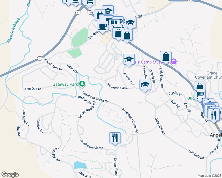 map of restaurants, bars, coffee shops, grocery stores, and more near 778 Tuolumne Avenue in Angels Camp