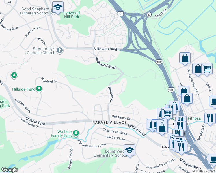 map of restaurants, bars, coffee shops, grocery stores, and more near 33 Rowe Ranch Court in Novato