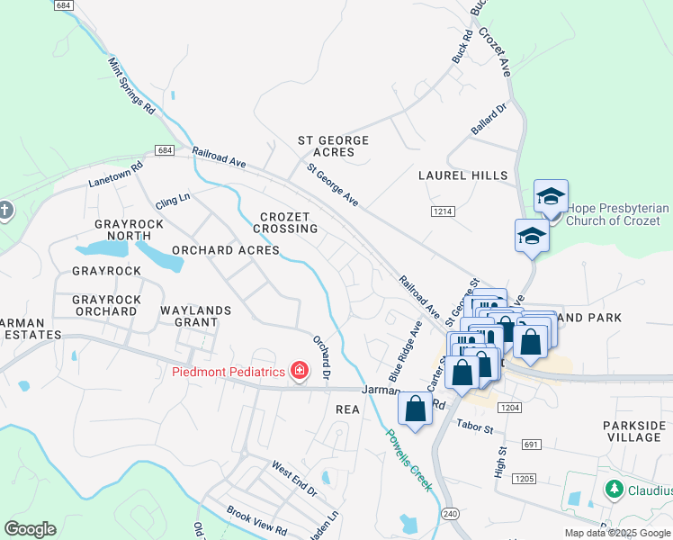 map of restaurants, bars, coffee shops, grocery stores, and more near 3053 Rambling Brook Lane in Crozet