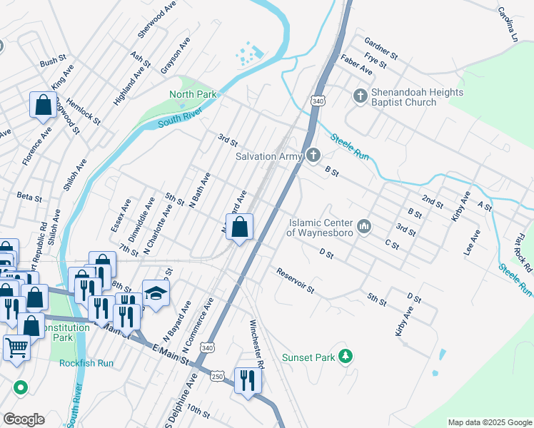 map of restaurants, bars, coffee shops, grocery stores, and more near 567 North Delphine Avenue in Waynesboro