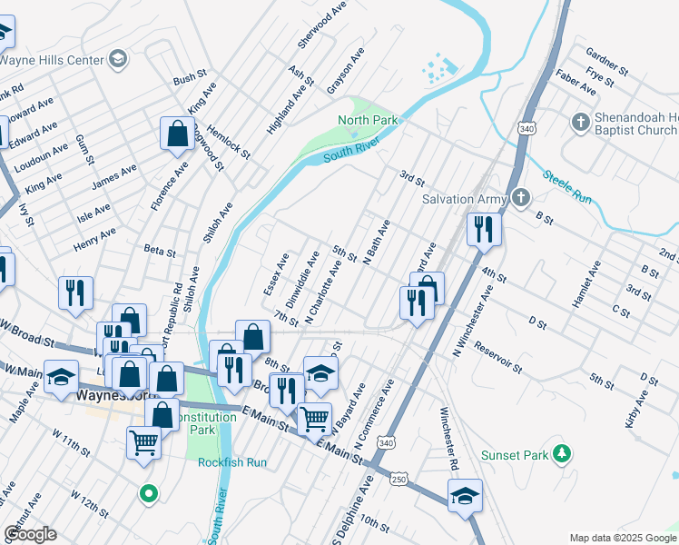map of restaurants, bars, coffee shops, grocery stores, and more near 454 North Charlotte Avenue in Waynesboro