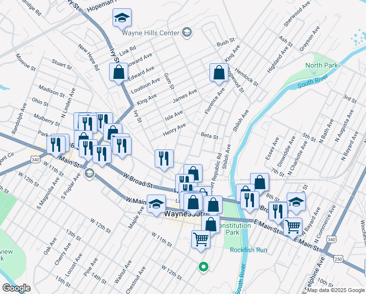 map of restaurants, bars, coffee shops, grocery stores, and more near 612 Alpha Street in Waynesboro