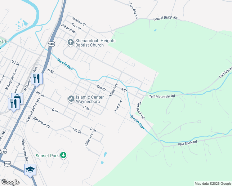 map of restaurants, bars, coffee shops, grocery stores, and more near 1605 2nd Street in Waynesboro