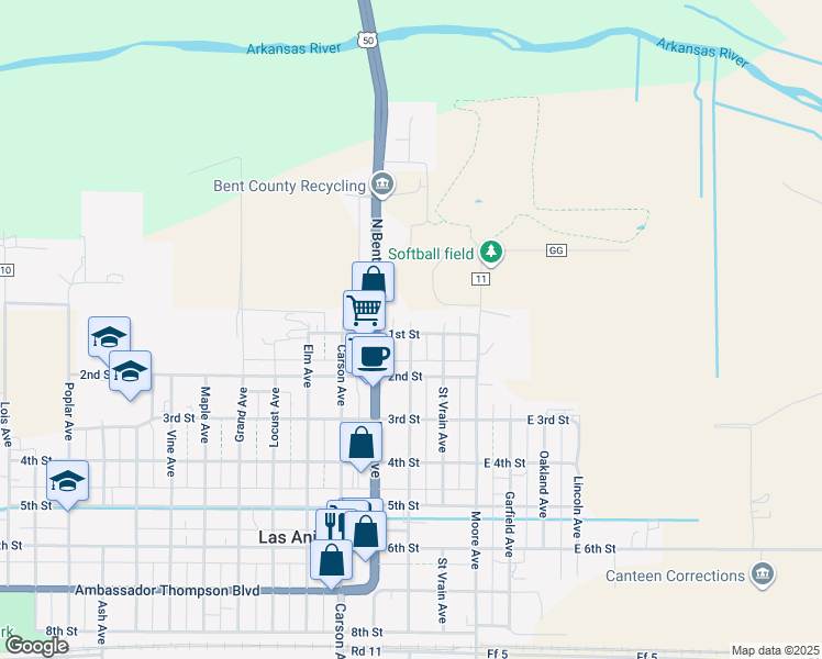 map of restaurants, bars, coffee shops, grocery stores, and more near 200 1st Street in Las Animas