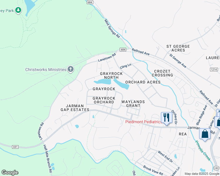 map of restaurants, bars, coffee shops, grocery stores, and more near 334 Grayrock Drive in Crozet